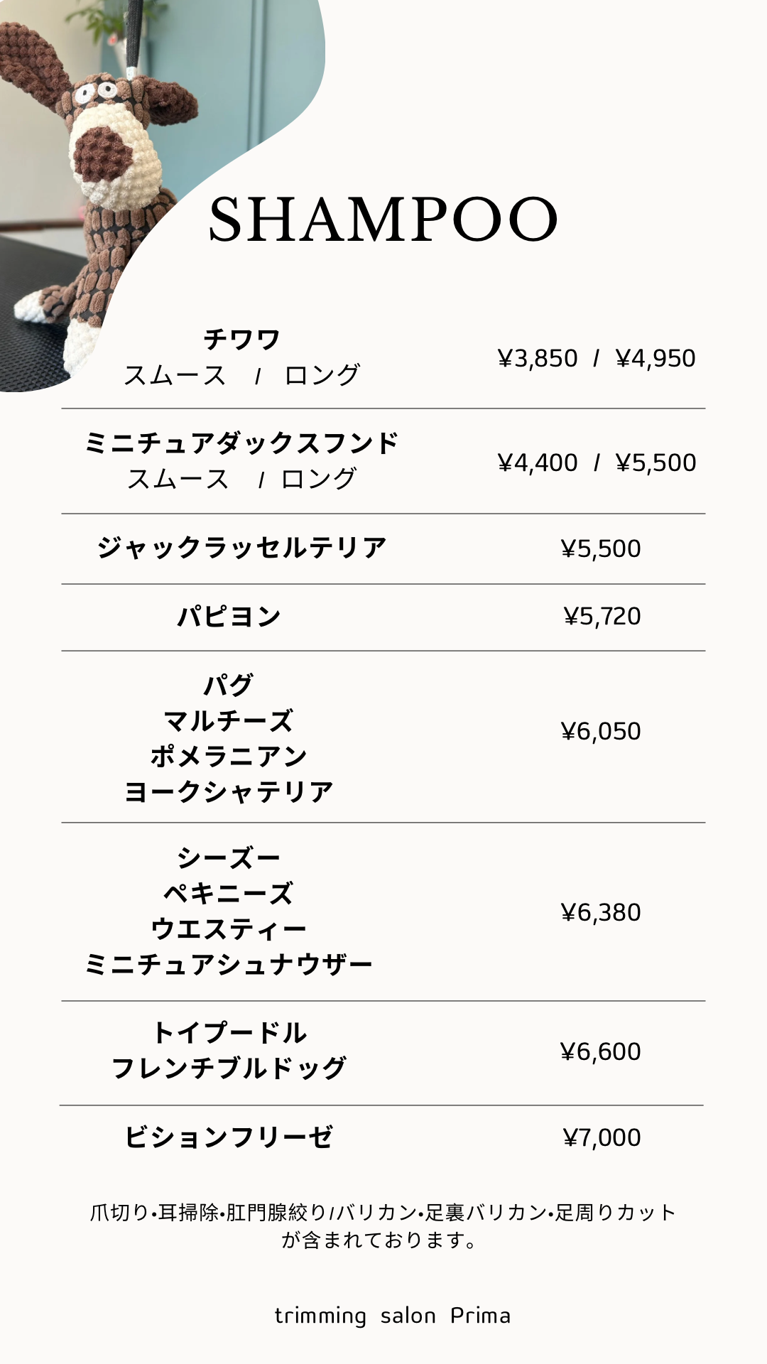 シャンプーコース　料金表の画像